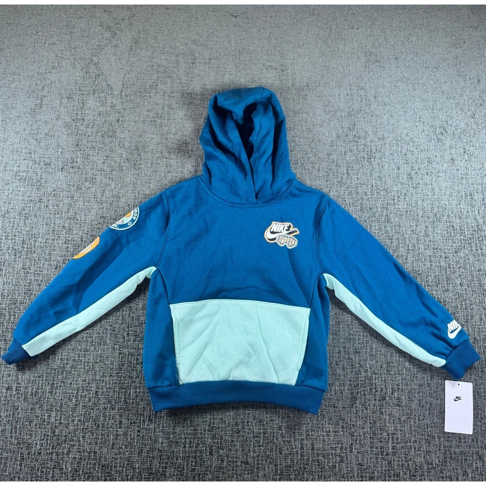 Nike Boys Fleece Hoodie Teal Mint Green Colorblock Graphic Patches Size 7 NEW